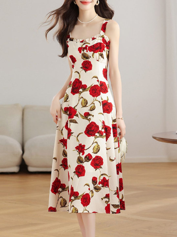 Red Rose Floral Sling Dress