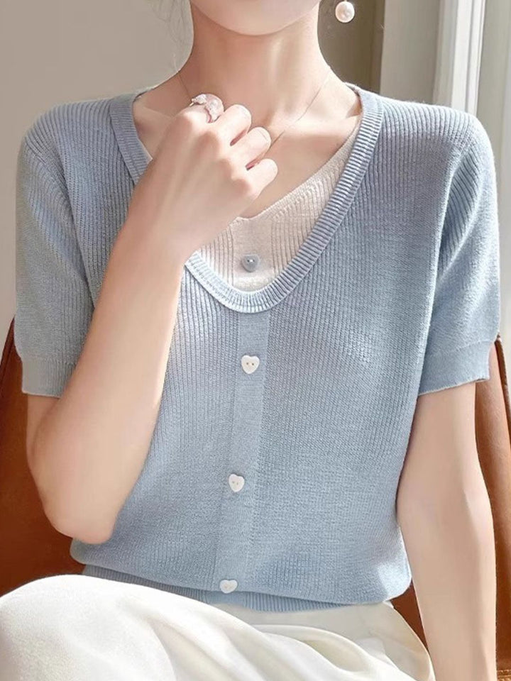 Casual V-neck Patchwork Knitted Top