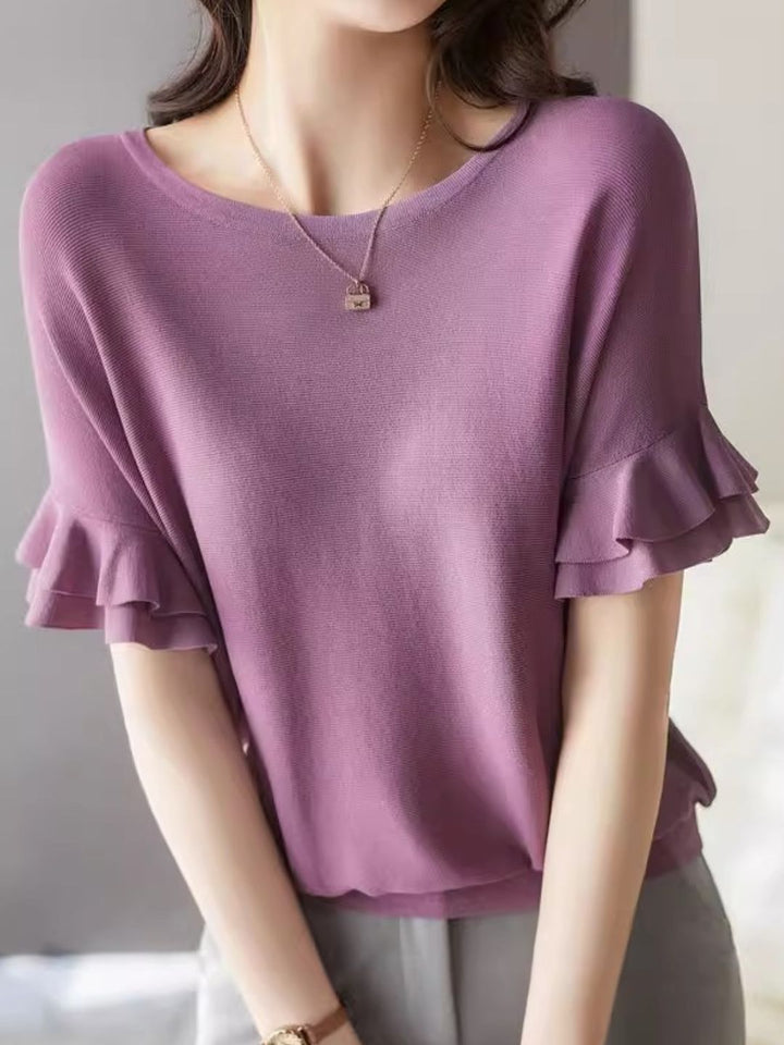 Elegant Ruffle Sleeves Crew Neck Knit Top