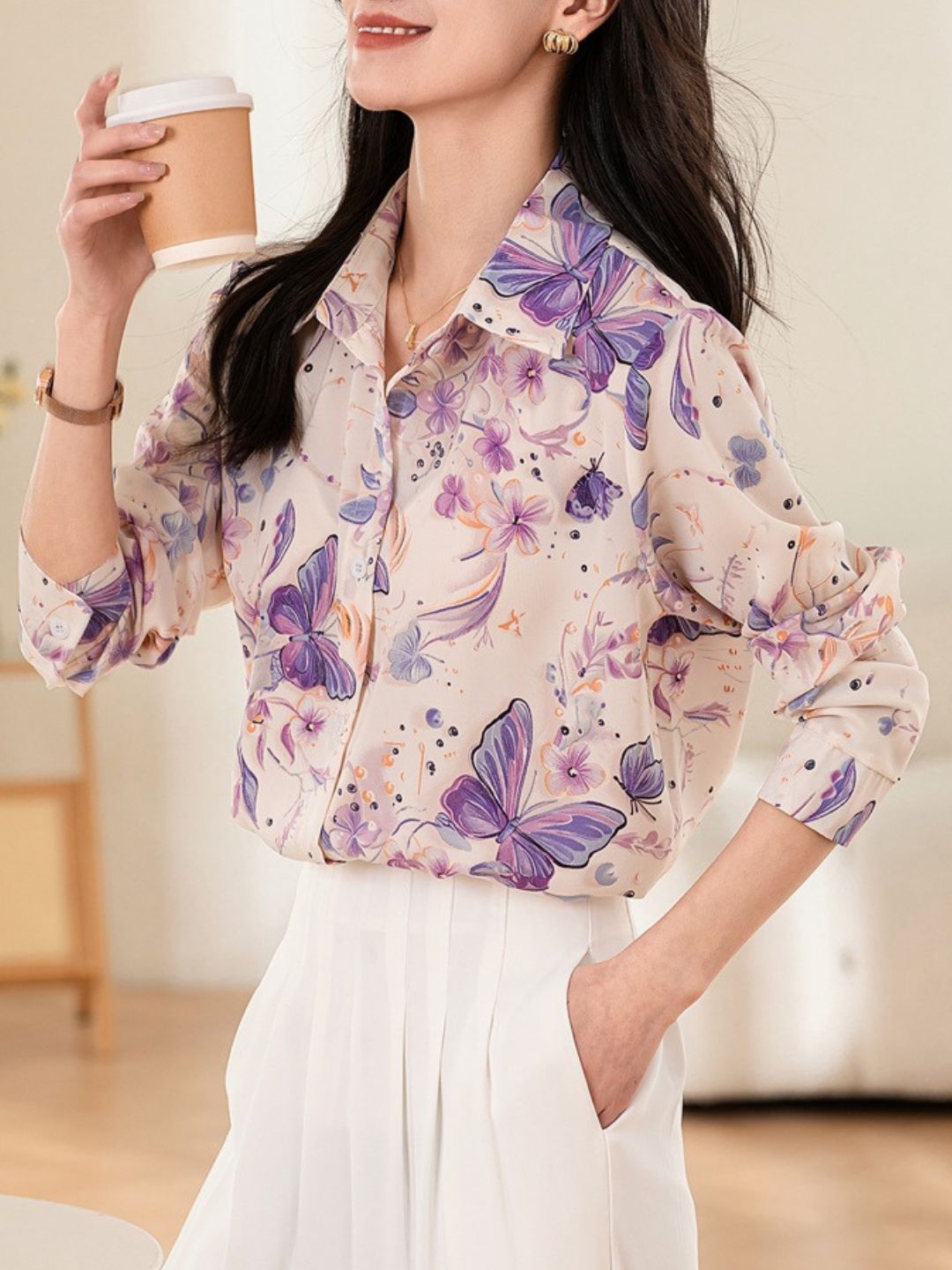 Loose-Fitting Lapel Printed Contrast Shirt
