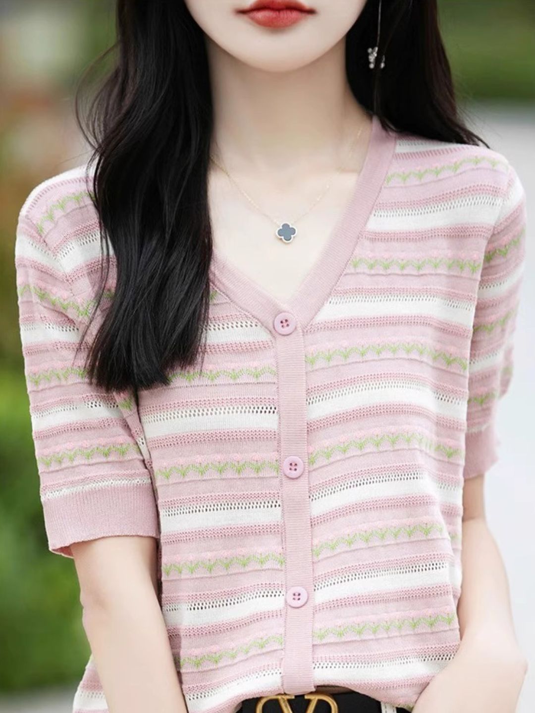 V-neck Short-sleeved Striped T-shirt