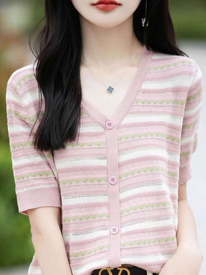 V-neck Short-sleeved Striped T-shirt