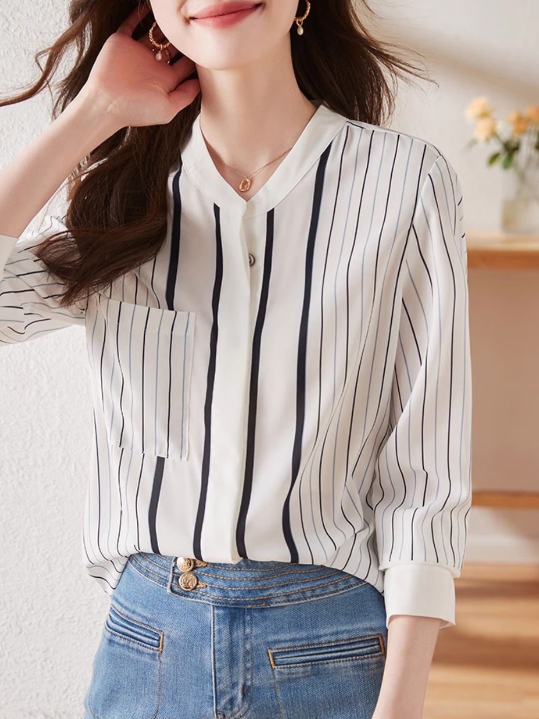 Striped Stand Collar Chiffon Shirt
