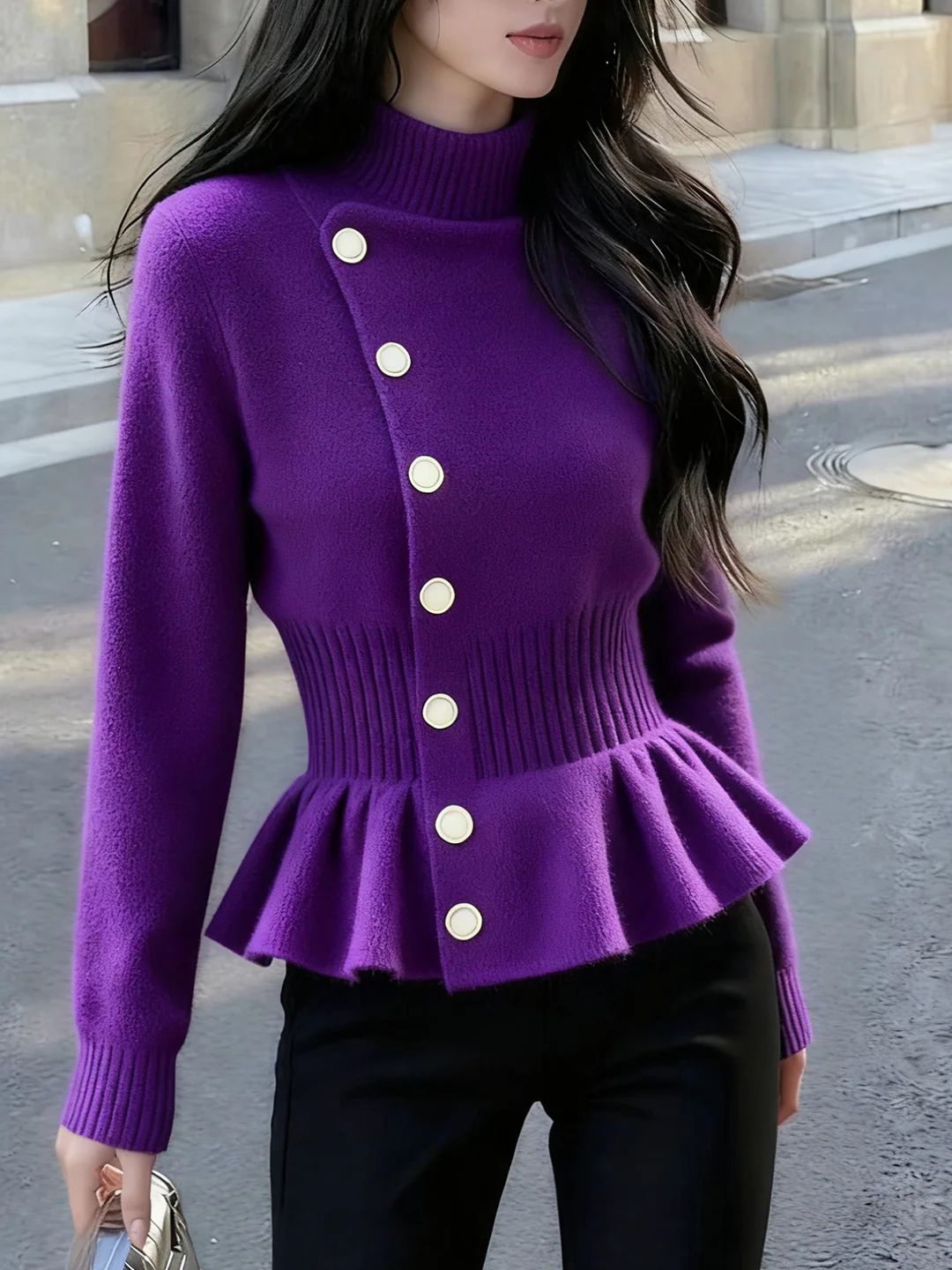 Slim Turtleneck Solid Color Pullover Knitted Top