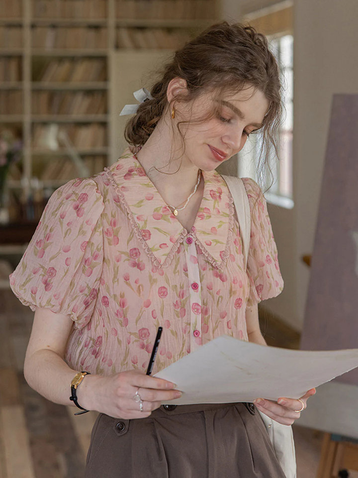 French Puff Sleeve Lapel Top