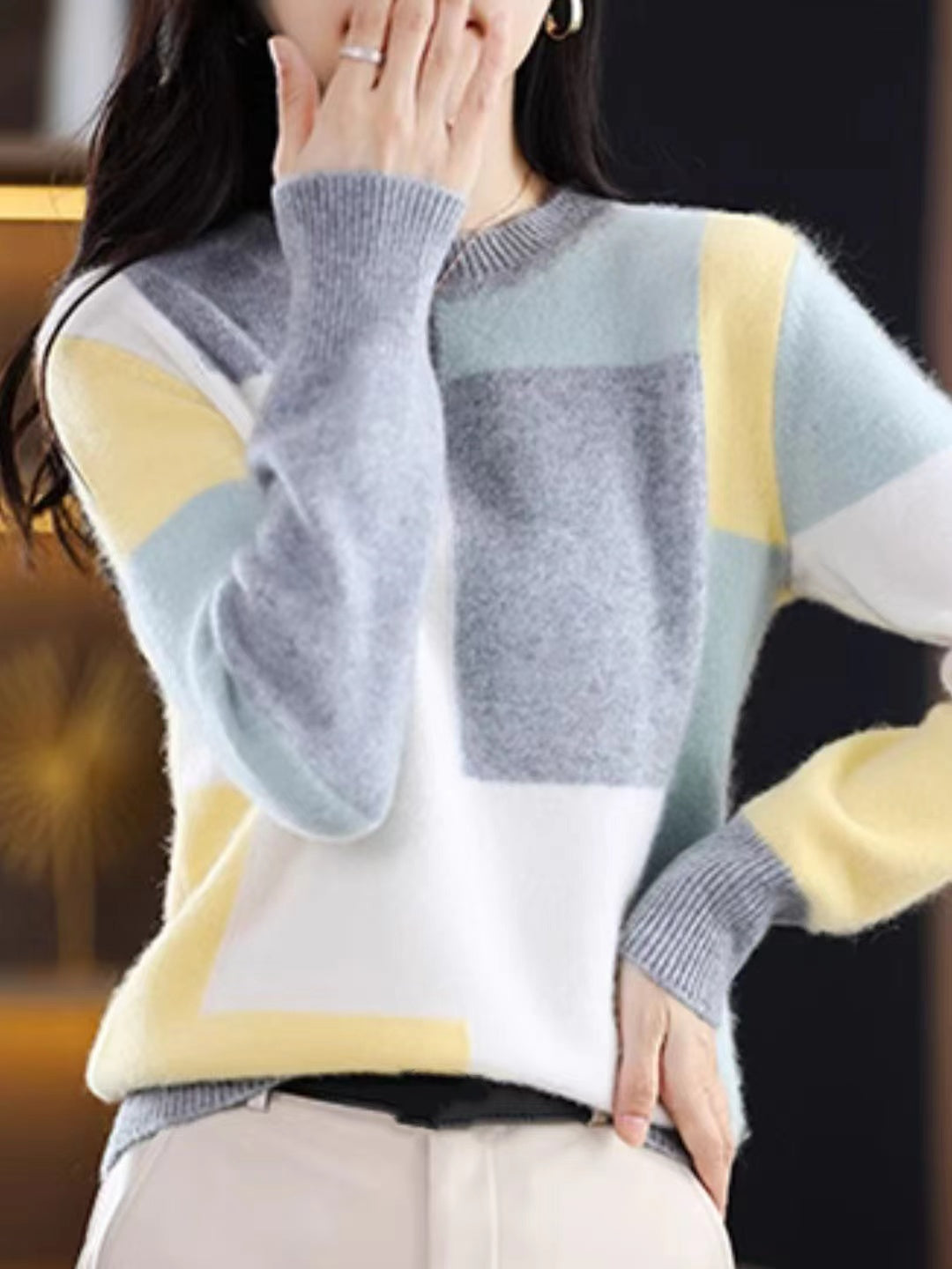 Crew Neck Loose Plaid Knitted Top