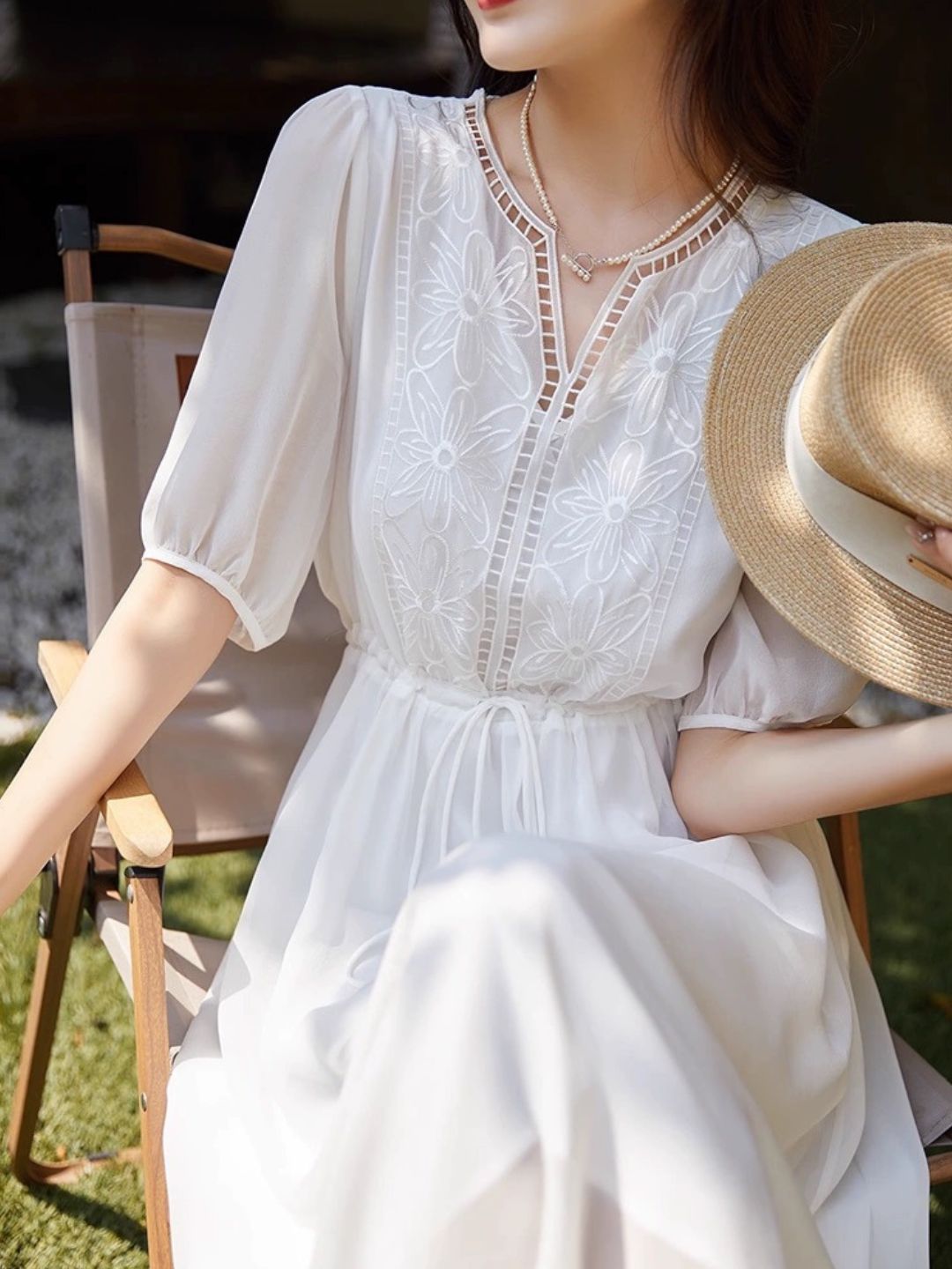 Elegant V-neck Embroidered Dress