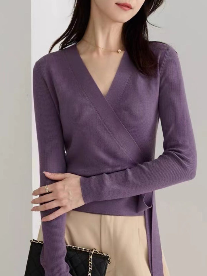 Crossover V-neck Tie Sweater