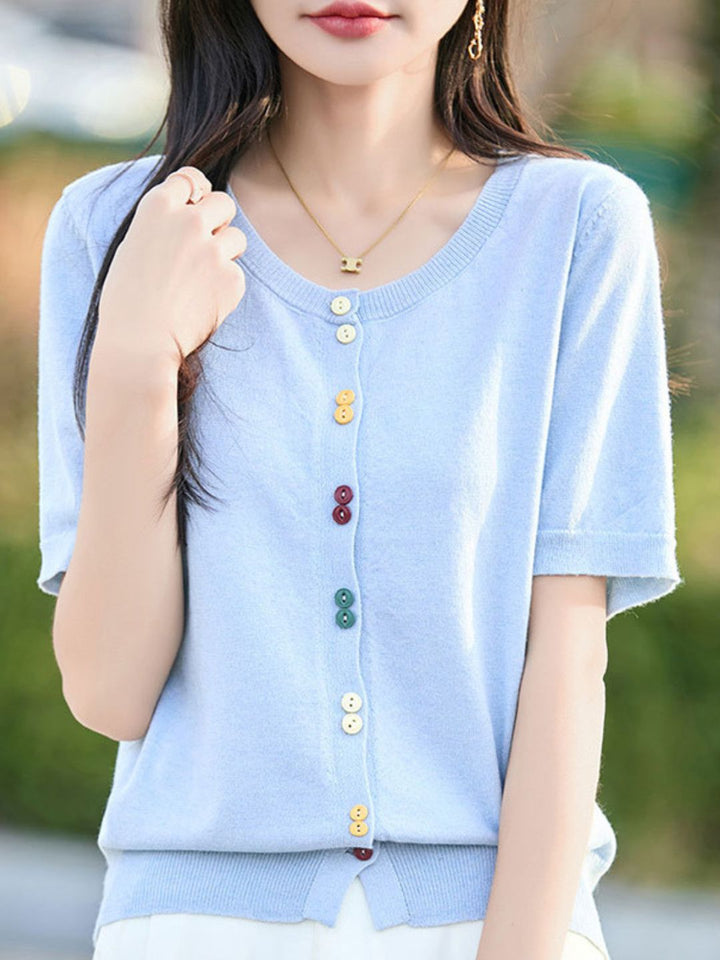 Colorful Button-Down Knitted Short-Sleeved Top