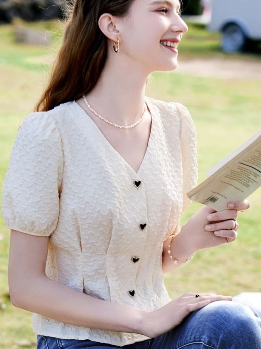 Heart Button V-neck Shirt