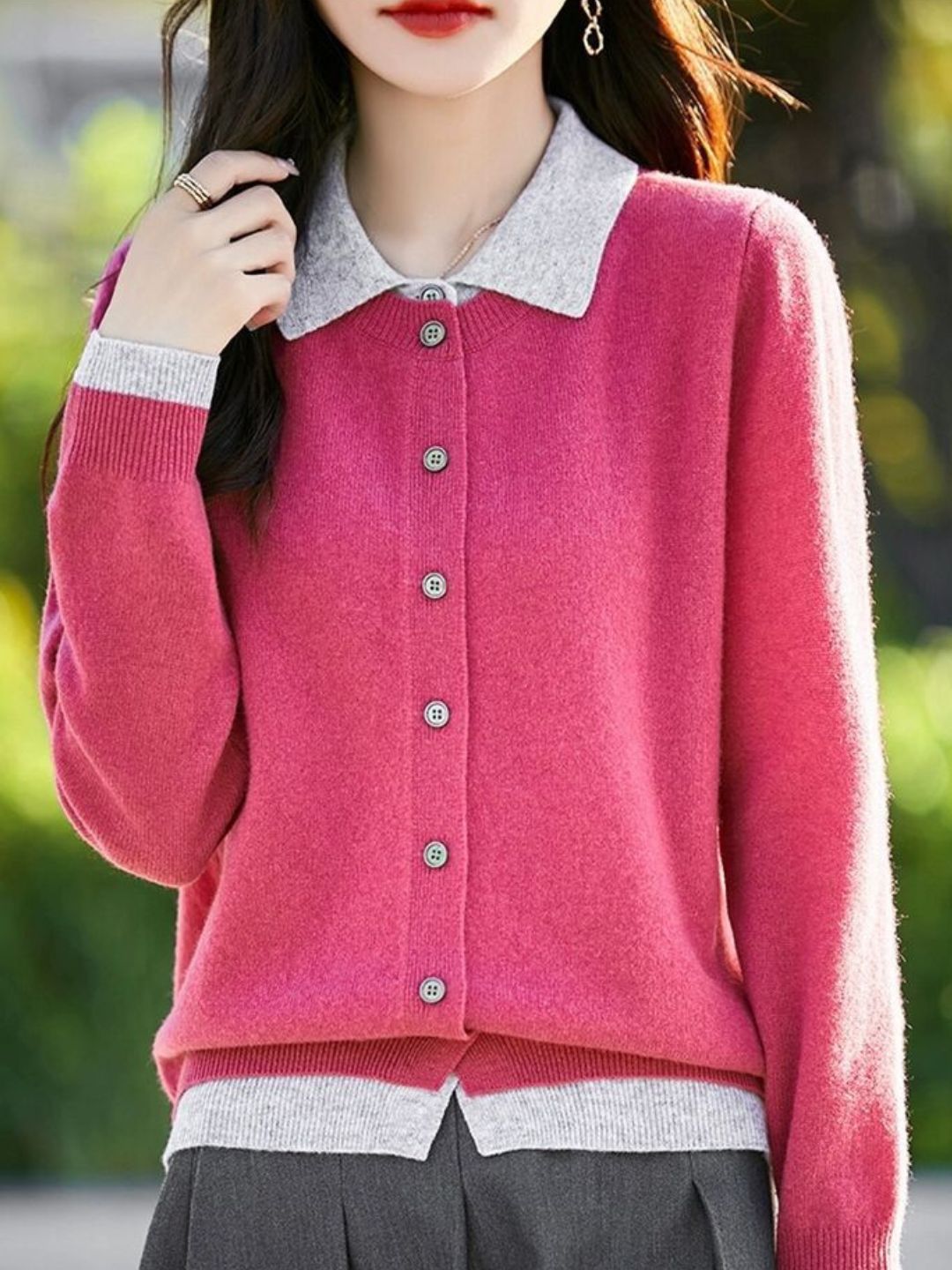 Casual Lapel Colorblock Knit Cardigan Set - Blue
