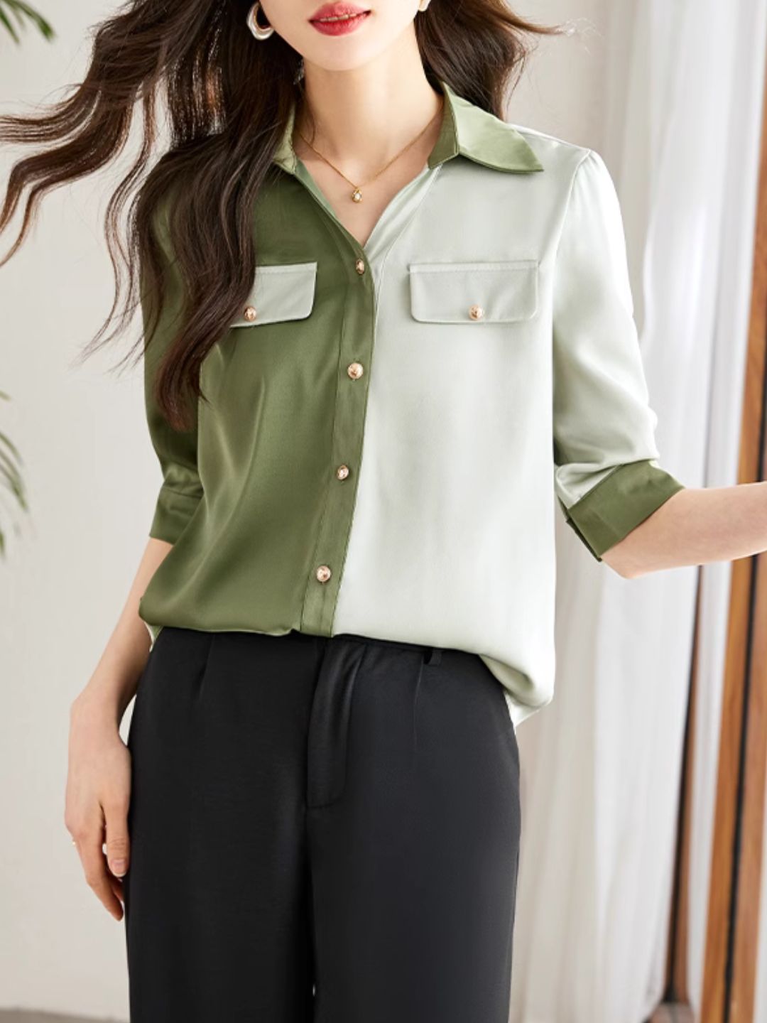 Versatile Contrast Color Shirt-Green