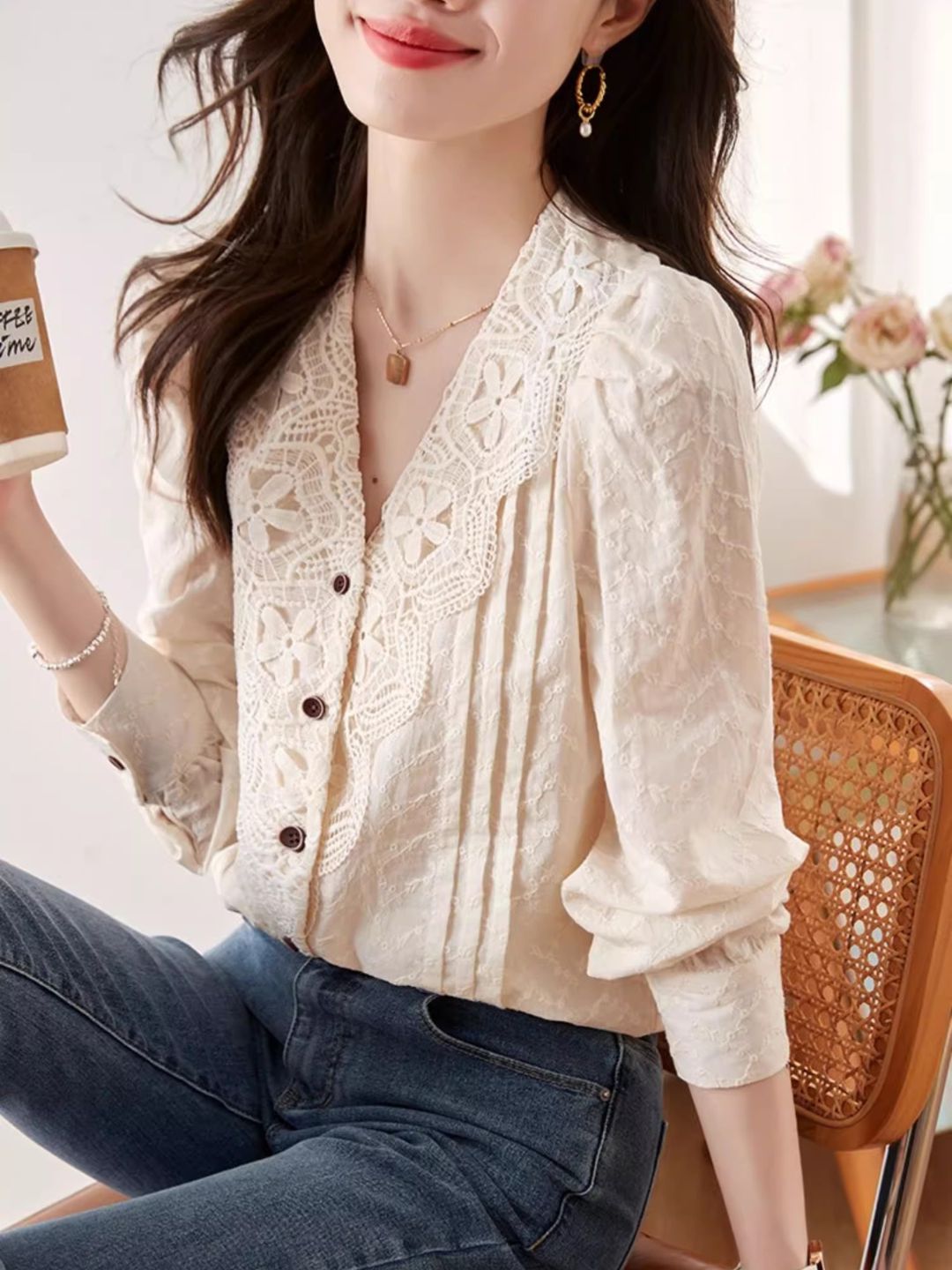 V-neck Lace Shirt Long Sleeve Top