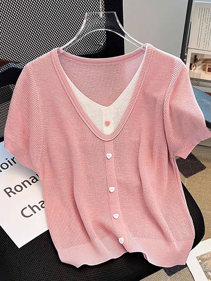 Casual V-neck Patchwork Knitted Top