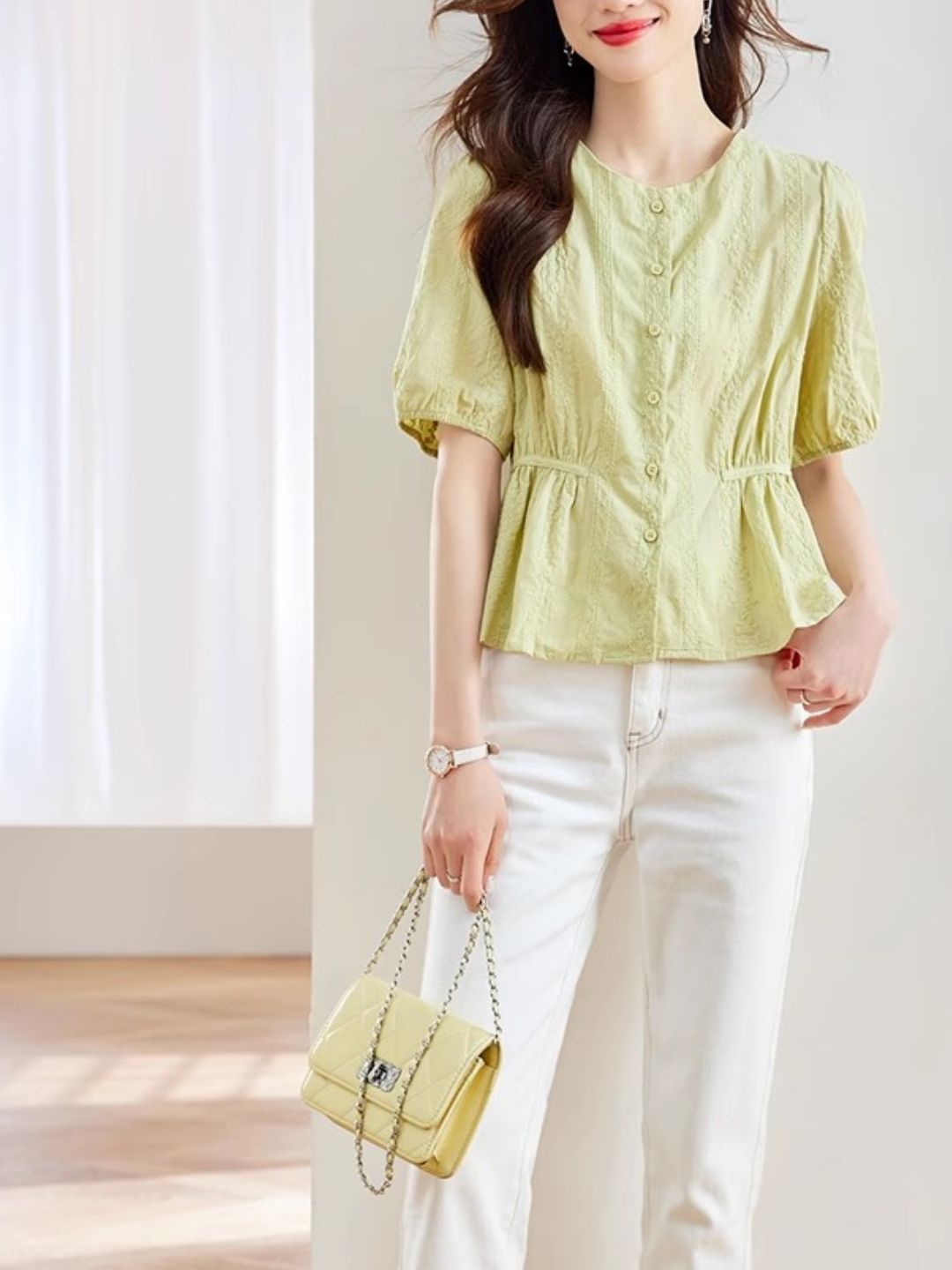 Round Neck Embroidered Shirt - Green