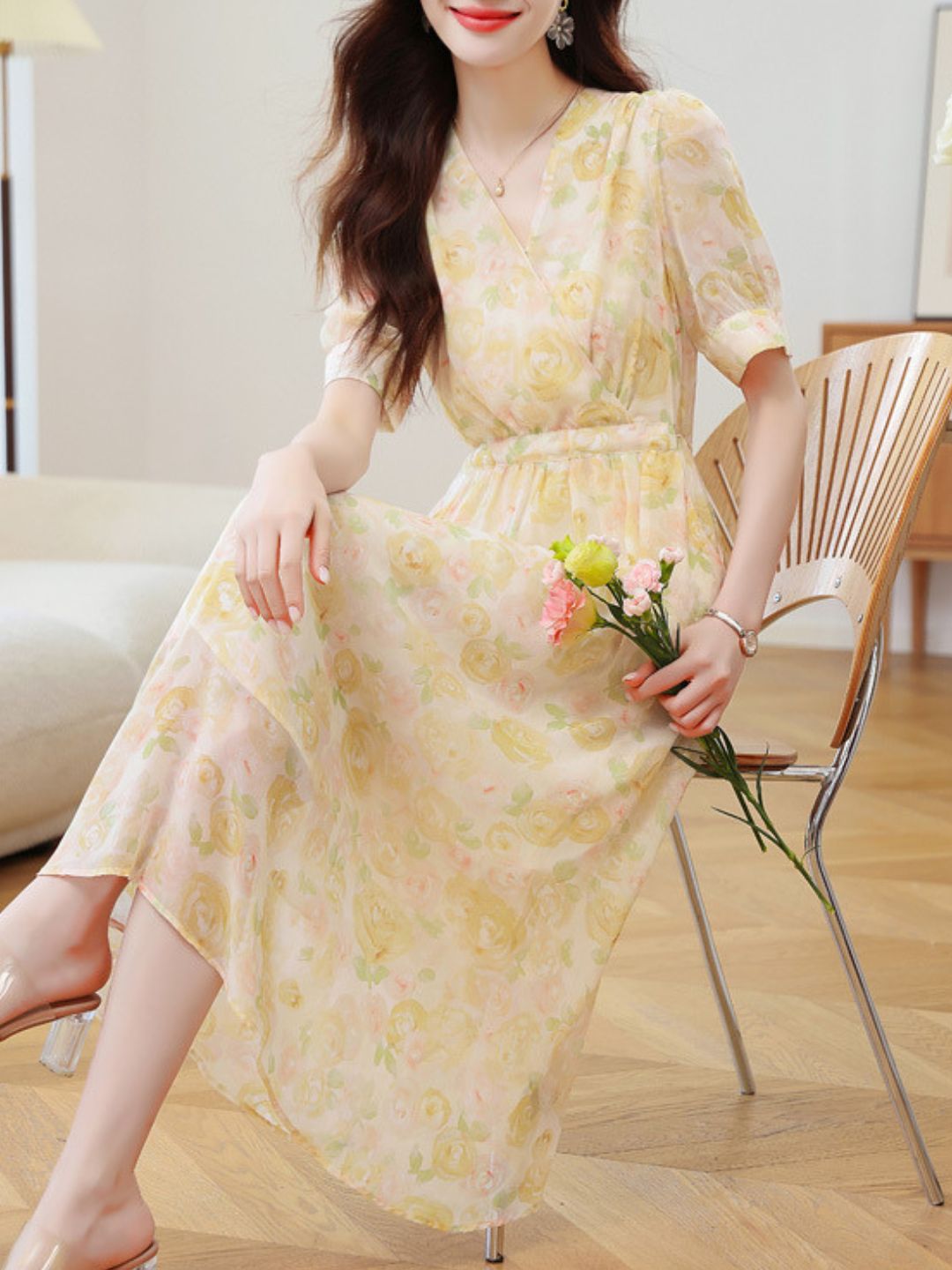 Elegant V-Neck Floral Dress
