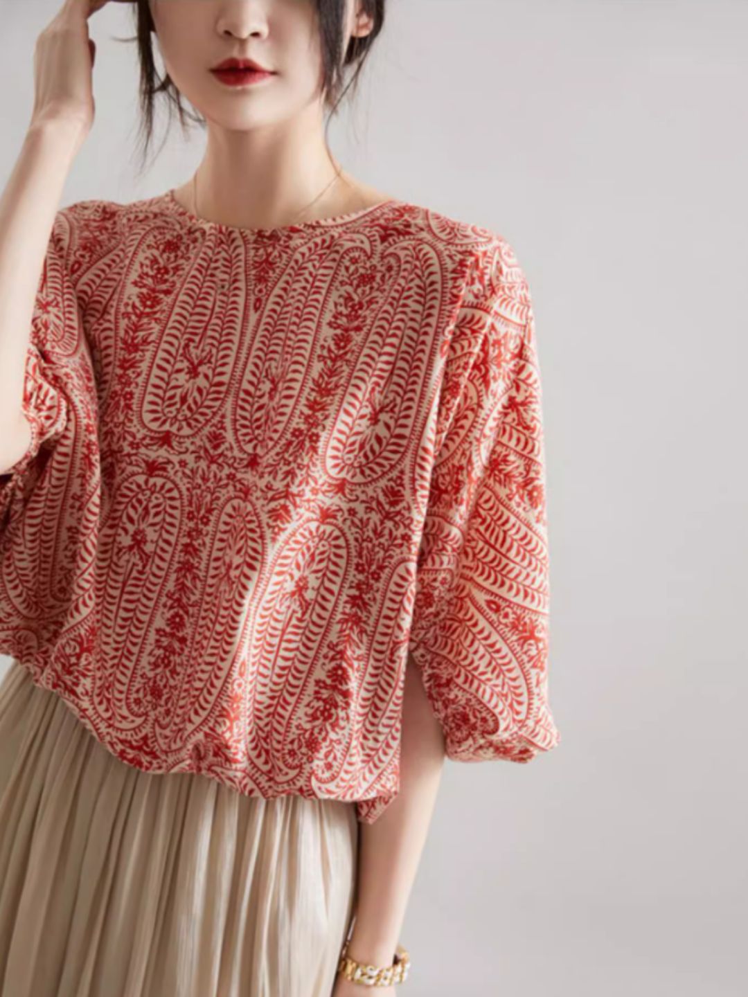 Casual Back Bow Printed Blouse - Red