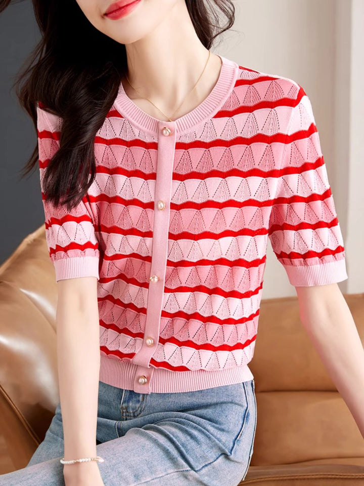 Hollow Striped Short-sleeved T-shirt