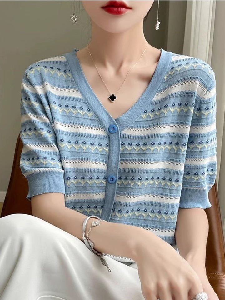 V-neck Short-sleeved Striped T-shirt