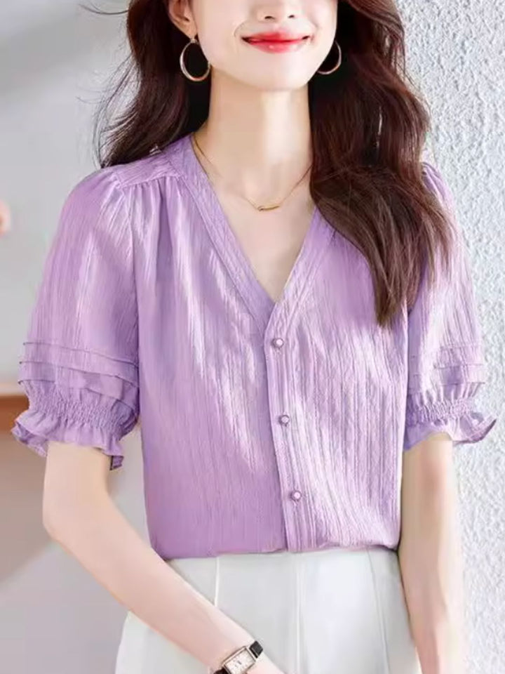French V-neck Puff Sleeve Shirt - Purple