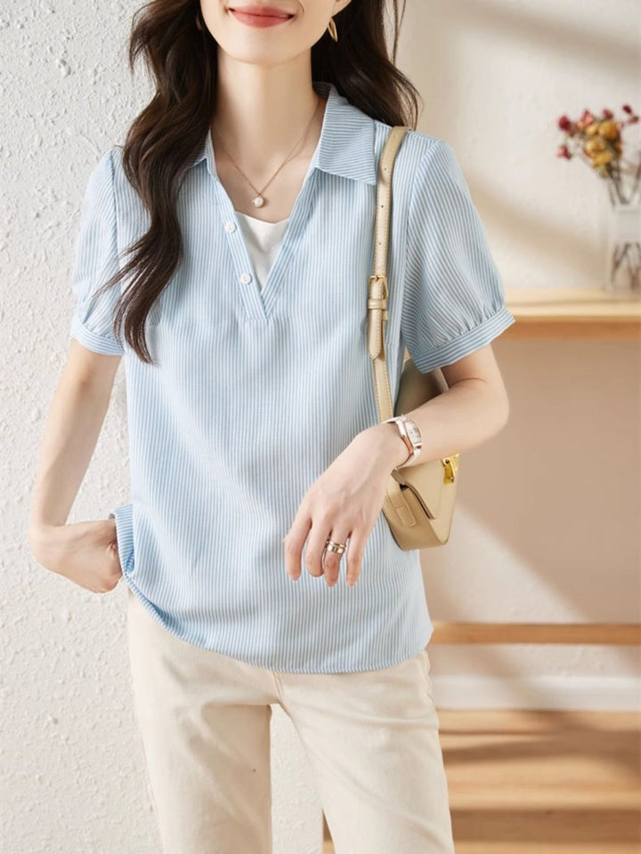 Striped Short-sleeved Lapel Shirt - Green