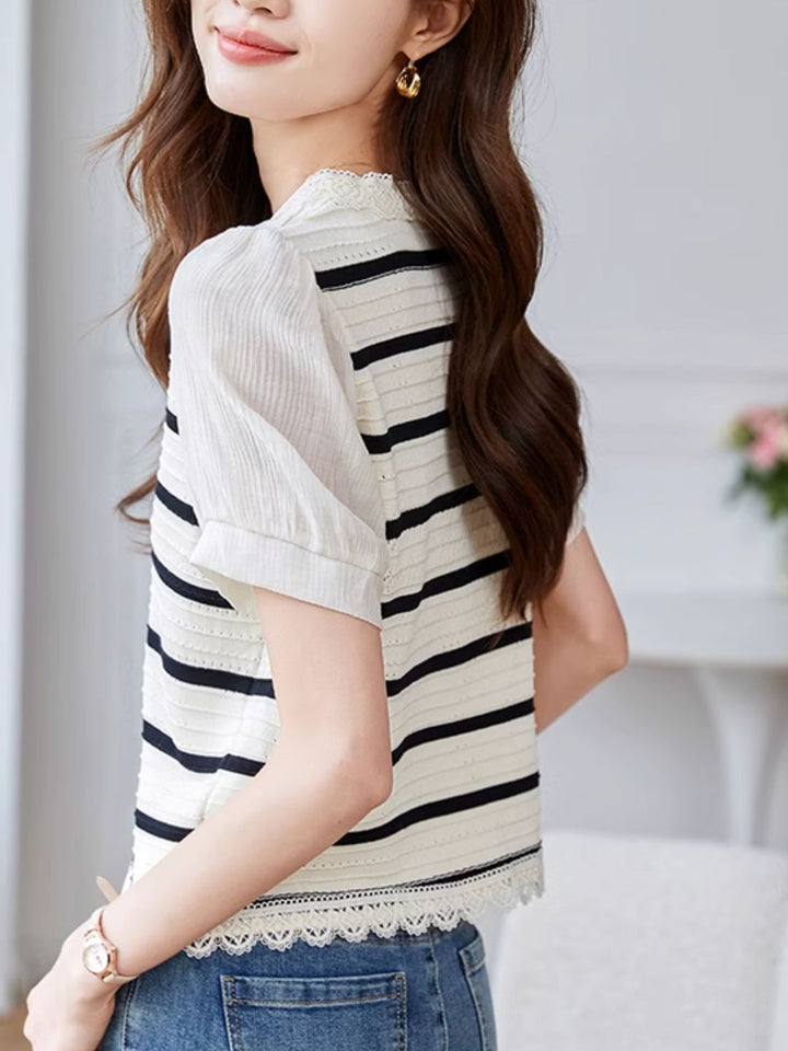 Striped Knit Cardigan Hollow Puff Sleeve Top