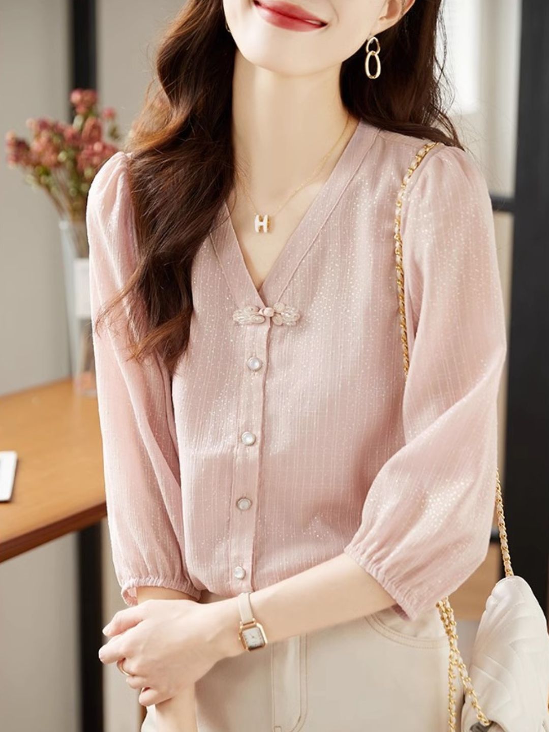 V-Neck Chiffon Shirt - Pink
