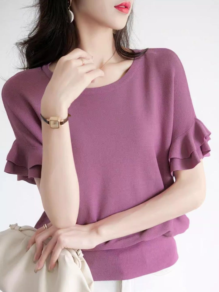 Elegant Ruffle Sleeves Crew Neck Knit Top