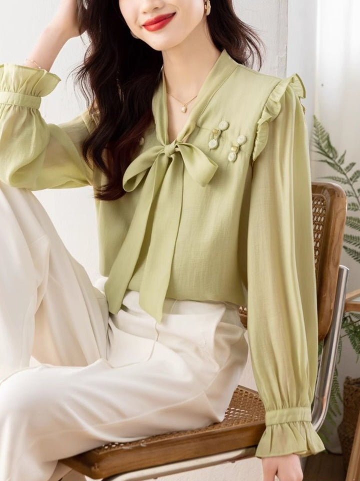 Chic Bow Chiffon Shirt - Green