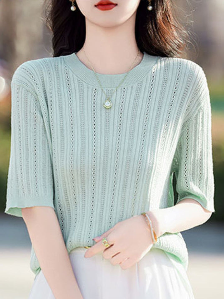 Solid Color Round Neck Thin Knitted Top - Blue