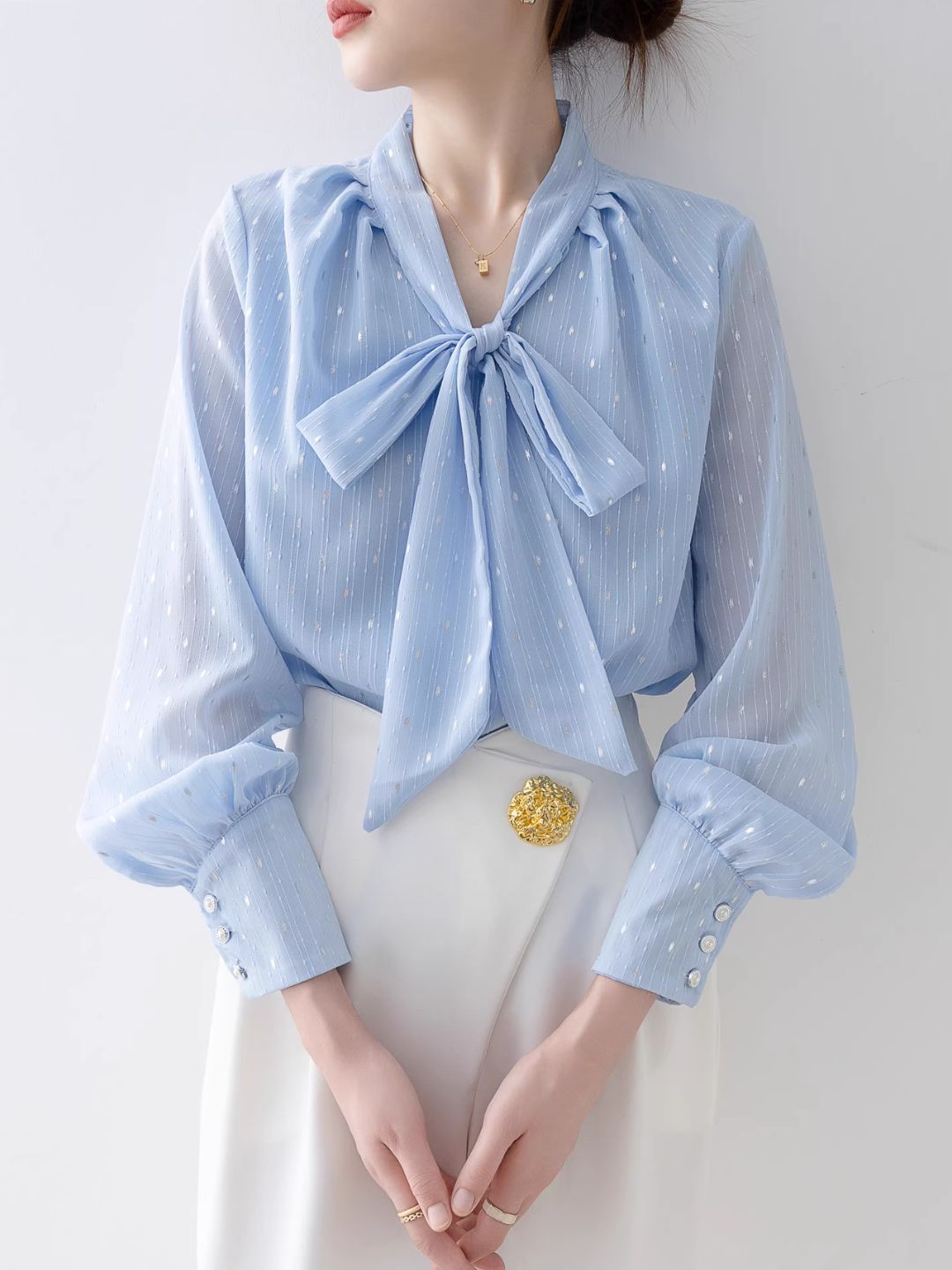 Loose V-Neck Bow Shirt