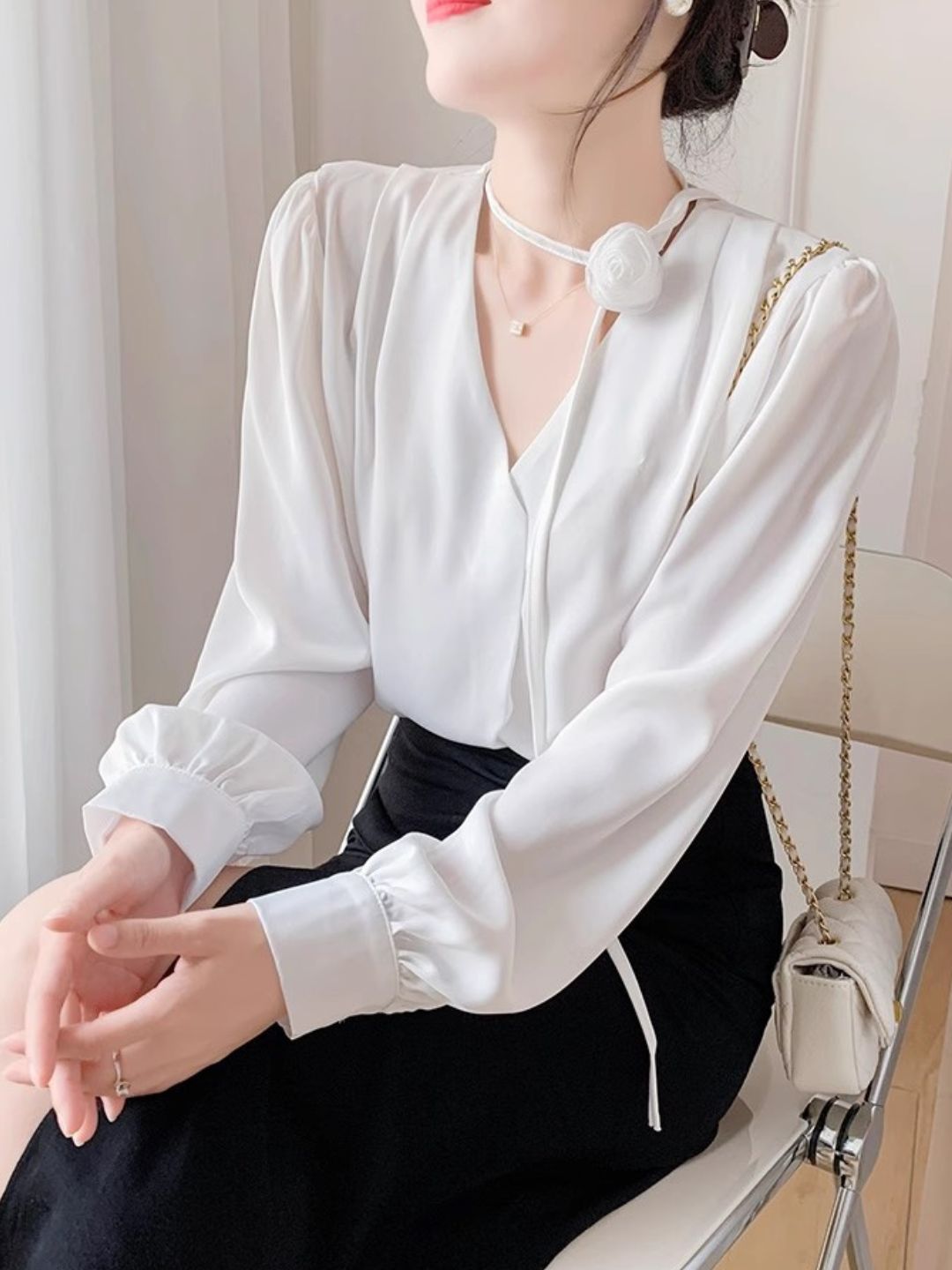 Gentle Style Rose Halter Neck Chiffon Shirt