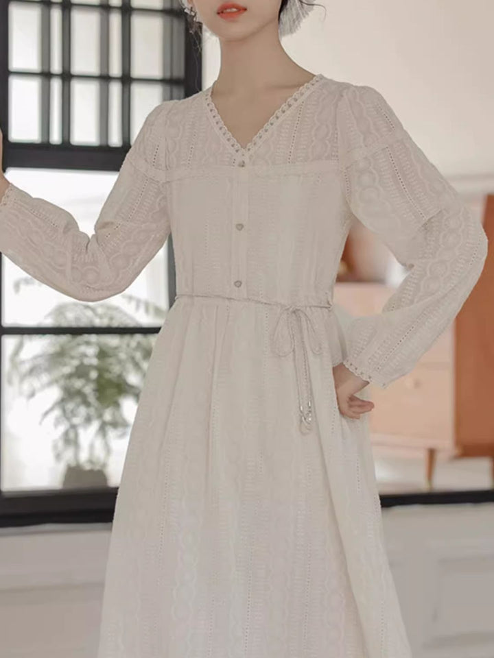 V-Neck Hook Flower Embroidery Dress