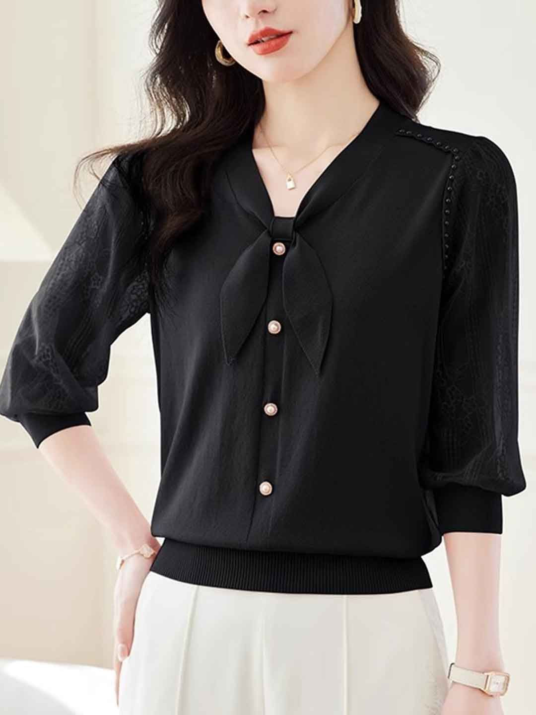 V-Neck Puff Sleeve Bow Lace Knitted Top