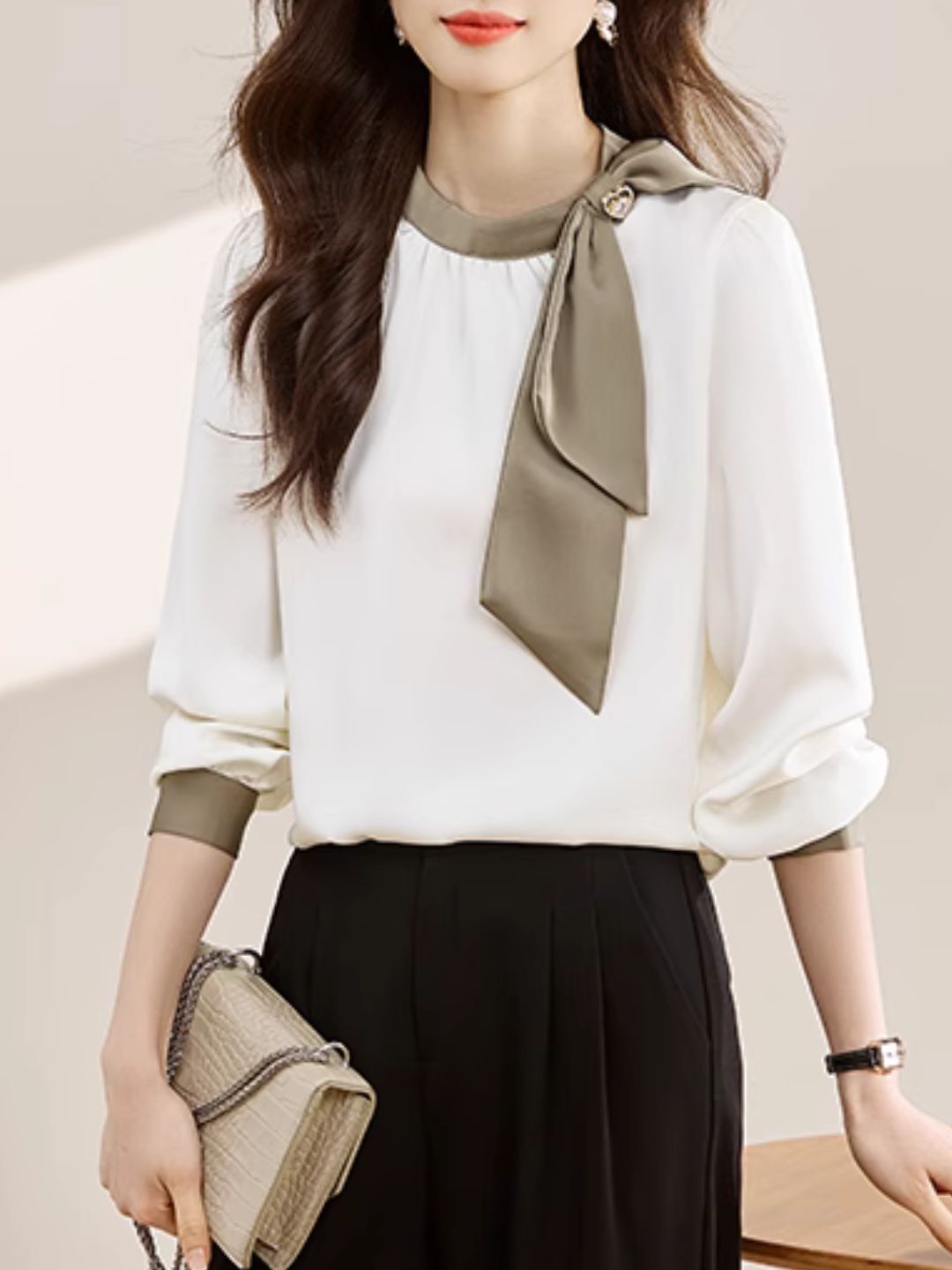 Gentle Colorblock Collar Bowknot Ribbon Top