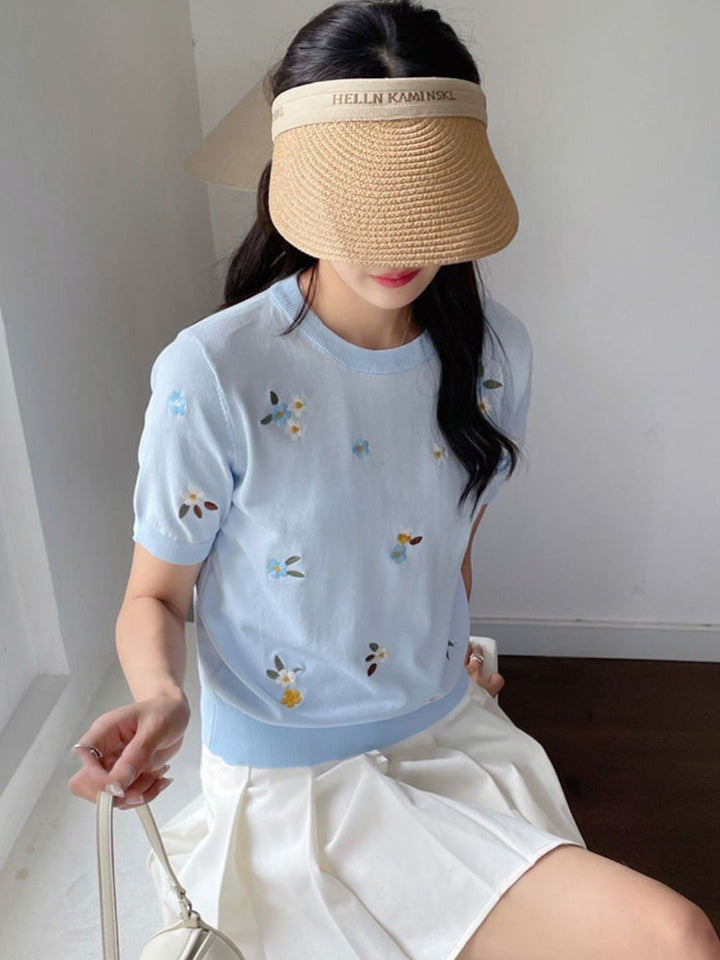 Crew Neck Embroidered Knitted Short Sleeves - Pink