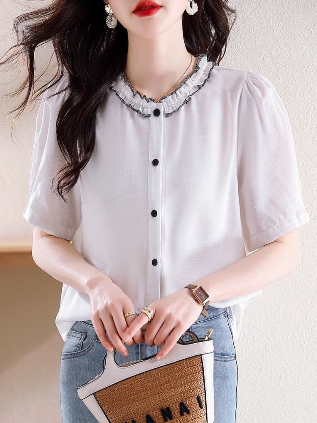 Versatile Chiffon Short-sleeved Shirt - Black