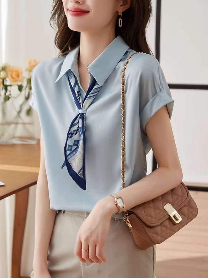 Classic Bow Chiffon Shirt -Blue