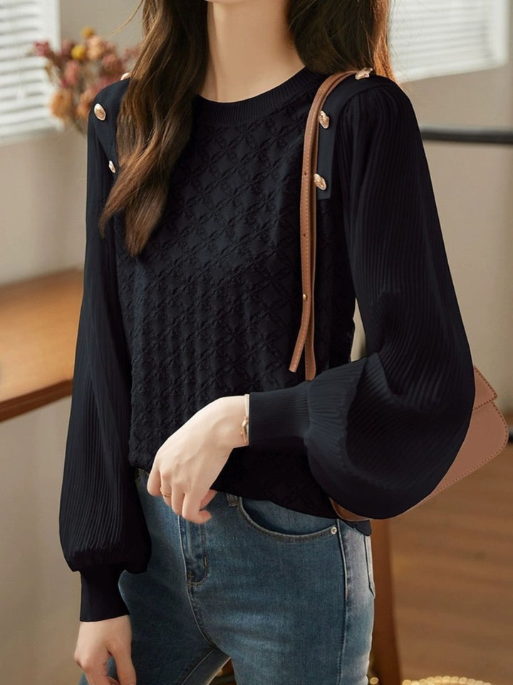 Lace Panel Mesh Long Sleeve T-Shirt -Black