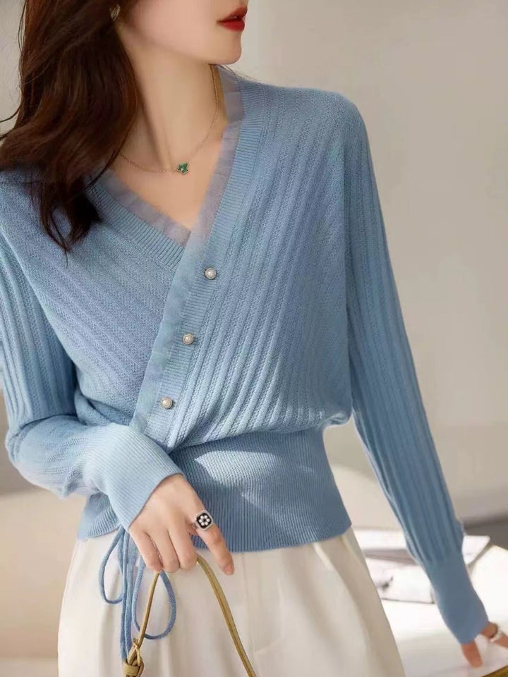 Classic Drawstring Auricular Knitted Top - Blue