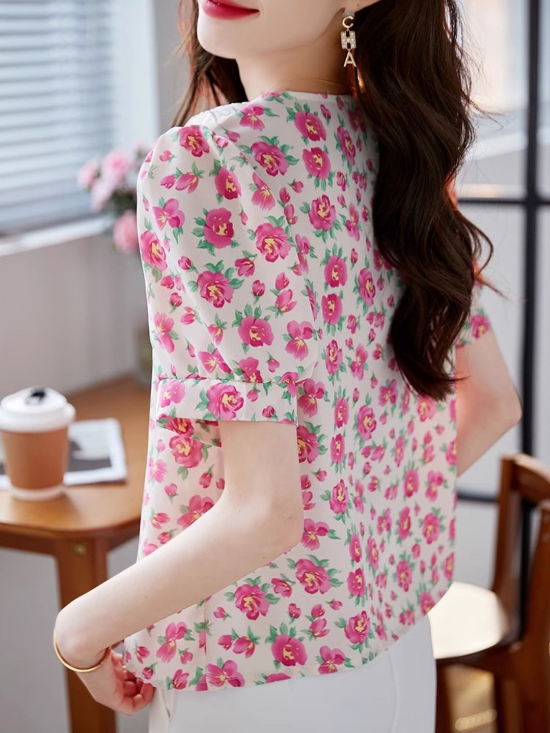 Classic Floral Printed Beaded Chiffon Shirt -Pink
