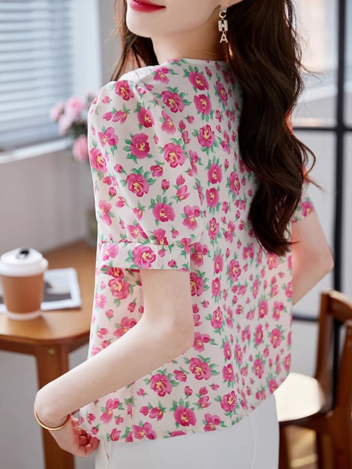 Classic Floral Printed Beaded Chiffon Shirt -Pink