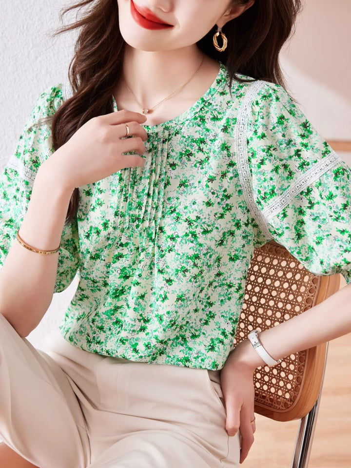 Round Neck Floral Puff Sleeve Chiffon Shirt - Green