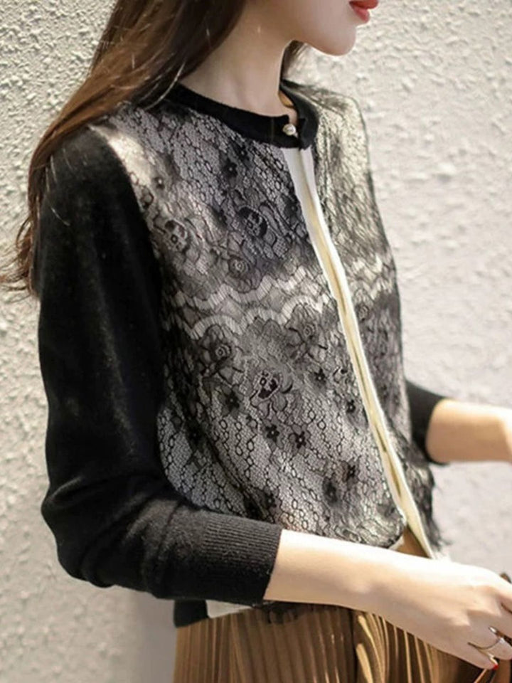Crew Neck Lace Knit Sweater - Black