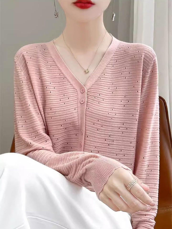 Long Sleeve V-Neck Top Hollow Knit Cardigan
