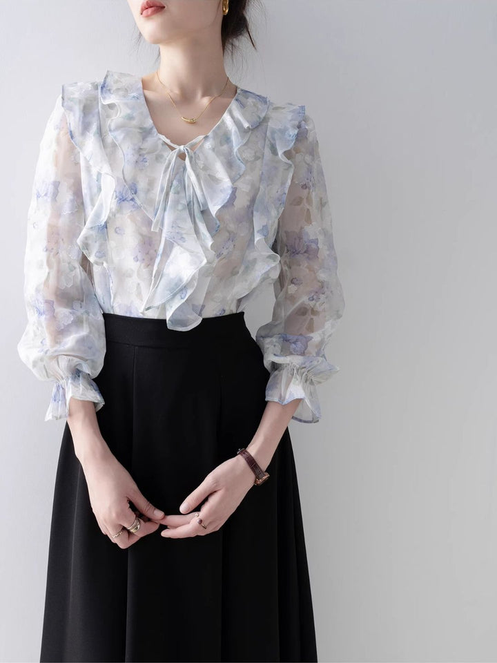 Elegant V-Neck Printed Chiffon Top