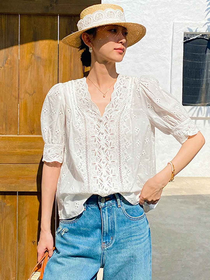 Elegant V-Neck Puff Sleeve Embroidered Top