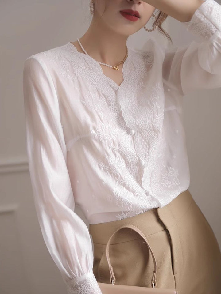 Embroidered lace V-neck Shirt Top