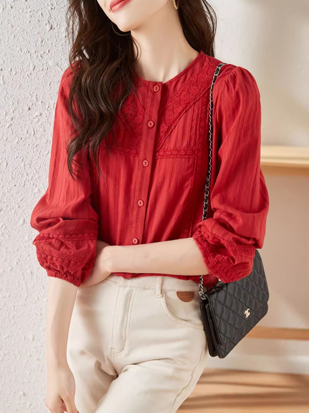 Versatile Lace Long Sleeve Shirt - Red