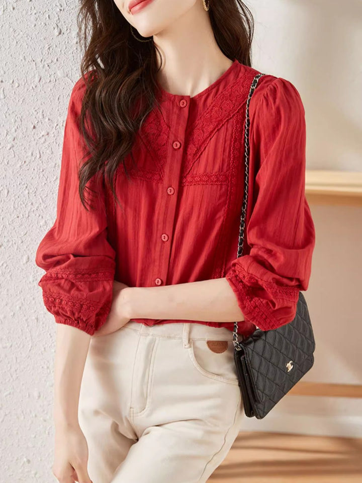 Versatile Lace Long Sleeve Shirt - Red